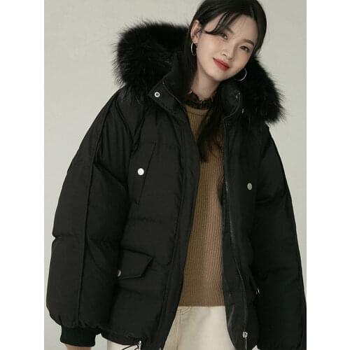 2020 Winter Women Overcoat Faux Fur Collar Down cotton Coat Padded Hooded Parkas Outerwear Female Loose Thick Warm Short jacket