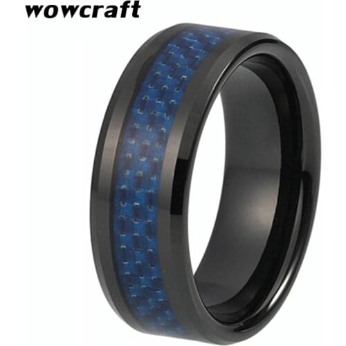 8mm Tungsten Wedding Band for Men Black Plated with Beveled Edges Engagement Ring Blue Carbon Fiber Inlay Comfort Fit