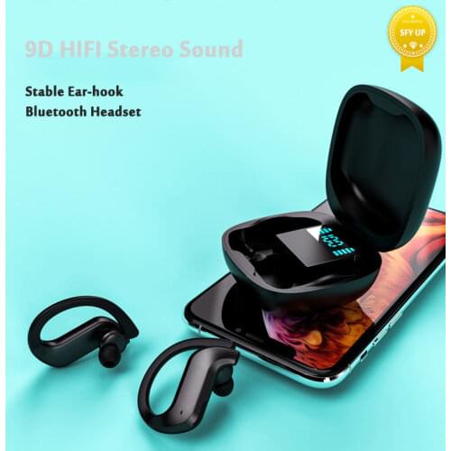 Wireless Bluetooth Headphones 9D Noise Canceling Waterproof Sports Business LED Display with Mic HIFI Stereo Ear-Hook Headset