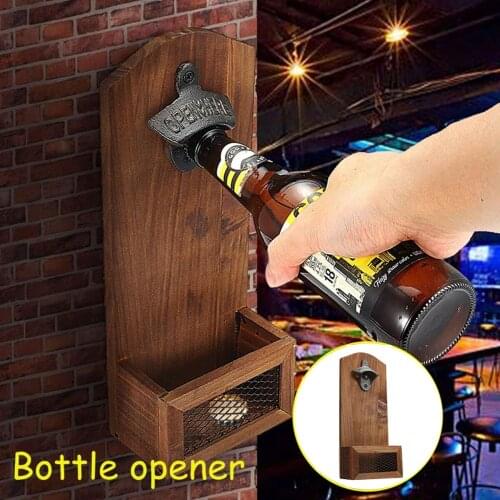 Bar Beer Wooden Bottle Opener Drink Cap Catcher Wooden Iron Wall Mounted