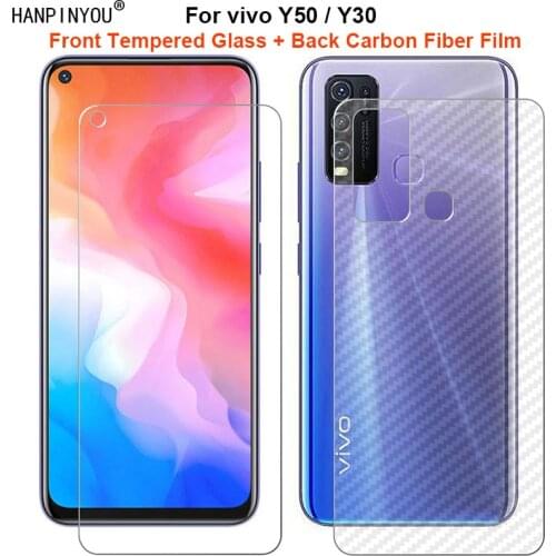 For vivo Y50 / Y30 1 Set = Soft Back Carbon Fiber Film + Ultra Thin Premium Tempered Glass Front Screen Protector
