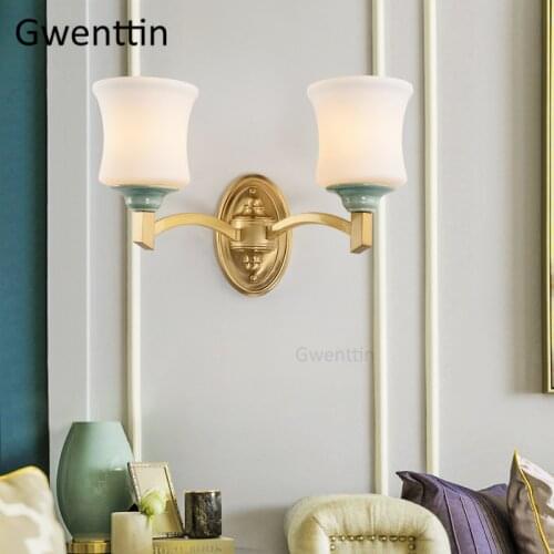 European Copper Glass Wall Lamp Bedroom Bedside Stairs Lamps LED Wall Sconce Light Fixtures Living Room Home Art Deco Luminaire