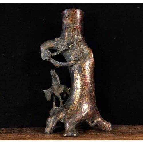 8"Chinese temple collection Old Bronze Lacquer Cinnabar Zhang Guolao Donkey statue Pen holder Flower arrangement Ornaments