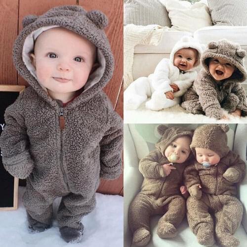 Cute Hot Newborn Baby Bear Footies Girl Boy Warmer Fuzzy Clothes Hooded Footies Jumpsuit Winter Warm Clothes0-24M