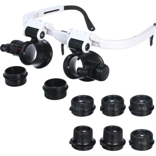 7X 10X 15X 25X LED Magnifying Loupe Head Mount Magnifier Interchangeable 4 Replaceable Lenses Magnifier Glasses