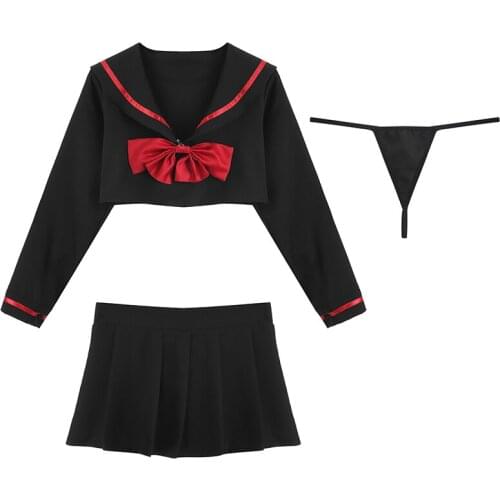 Cute Sexy Cosplay Costume JK Uniform Kwaii Lolita Mini Top Skirt Erotic Roleplay Set Student Sailor Pink Black Color Red Bow New