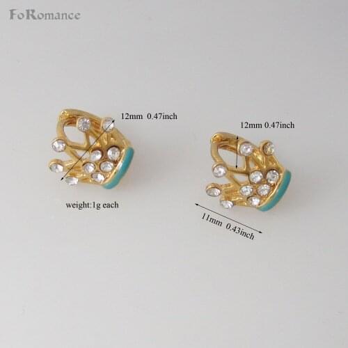 MIN ORDER 10$/CAN MIX STYLE/CROWN SHAPE WITH STONE - GOLD GP BLUE ENAMEL HOOP 0.47" EARRING FACE TALL 11MM 0.43" SMALL HOOP