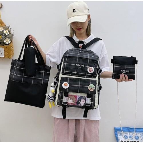 4-piece set Fashion Women Backpack Kawaii Doll Pendant School Bag For Girls Large Capacity Waterproof Bagpacks With Many Pockets