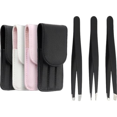 3Pcs Eyebrow Tweezers Set Slanted Black Tip Pink White Stainless Steel Eye Brow Clips Hair Removal Makeup Tool Kit Flat Tips