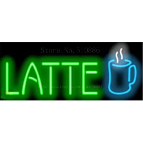 Latte with Coffee Cup Neon sign Real Glass Tube Bulbs Light Bar Beer Club Decoration Signboard Espresso Cappuccino 17"x14"