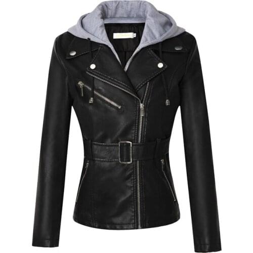 New Autumn Suit collar Hooded PU leather Jacket Female Black Slim Short Motorcycle Faux leather Jacket Windproof Zipper Outwear