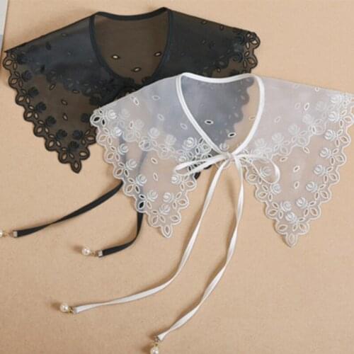 New Hollow Out Floral Lace Fake Collar Shawl Elegant Mesh Tulle Half Shirt Necklace Pearl Ribbon Lace-Up Mini Poncho Capelet