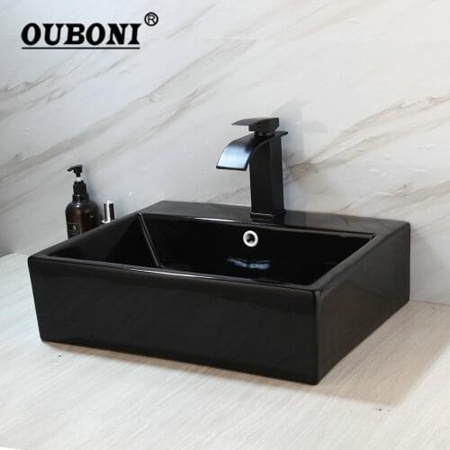 OUBONI Matte Black Bathroom Sink Black Ceramic Washbasin Oil Bronze Basin Brass Faucet Bath Combine Brass Set Faucet Mixer Tap