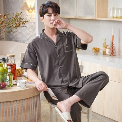 Short Sleeve Turn-Down Collar Cardigan Tops + Long Pants 2pcs/set Pajama Set Men Woven Cotton Pyjamas Male Summer Pijamas Hombre