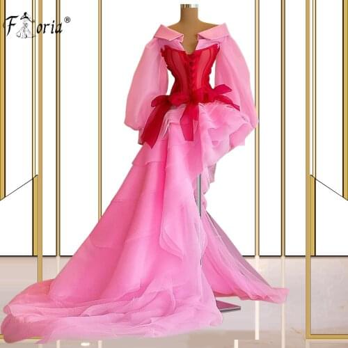 Hot Pink Long Sleeve Evening Dress High Low Tiered Puff Tulle Princess Prom Gowns Arabic Dubai Lace Prom Party Dresses