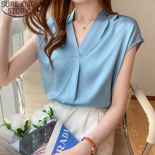 2021 Short Sleeve Plus Size Female Clothing New Summer Satin Blouse Women Fashion V Neck Shirts Office Lady Blusas Mujer 14267