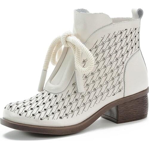 2021 New Spring Summer High Quality Cowhide Ankle Boots for Women Leather Boots Breathable Hole Shoes Sandals Large Size Boots