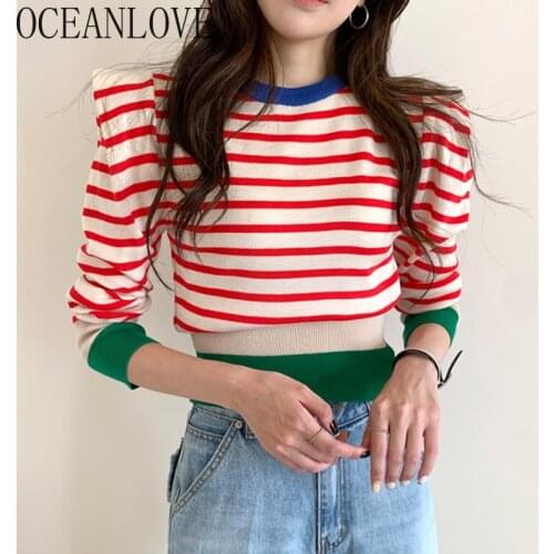 OCEANLOVE 2021 Autumn Pull Femme Striped Sweet Puff Sleeve Short Sweaters Women Slim Korean Chic Fashion Winter Pullovers 18411