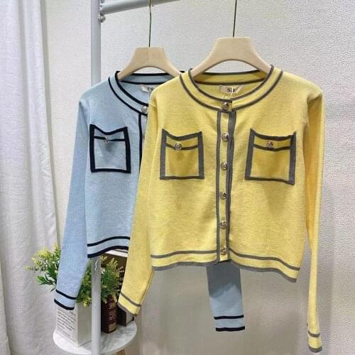 Fashion Elegant Women Knitted Cardigan 2021 Autumn Full Sleeve O-neck Pockets Single-breasted Sweater Tops Korean Stylish Jumper