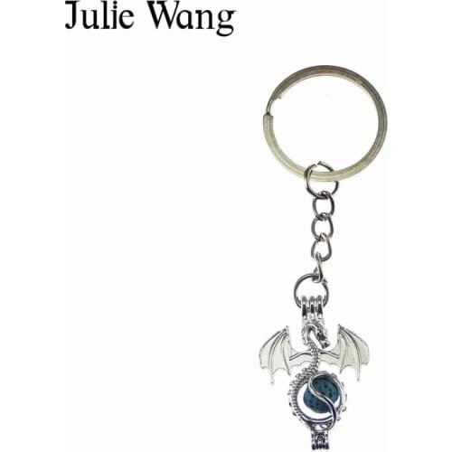 Julie Wang 1PCS Alloy White K Dragon With 6mm Lava Stone Keychain Keyring Key Holder Charm Women/Mens Fashion Jewelry Gifts