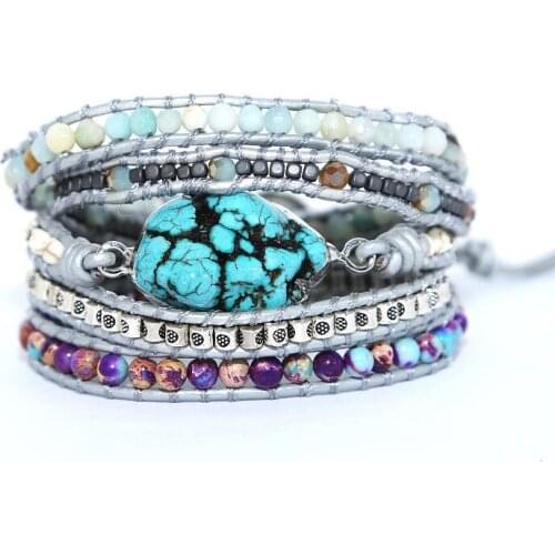 Natural Gilded Stone Bangles Charm 5 Strands Wrap Bracelet Handmade Boho Bracelets For Women Leather Accessories Fashion Jewelry