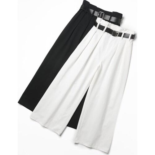 Summer Casual Women Pants Pockets Belt Wide Leg Pants High Waist Elastic Waist Straight pants Solid loose Pants Female Black