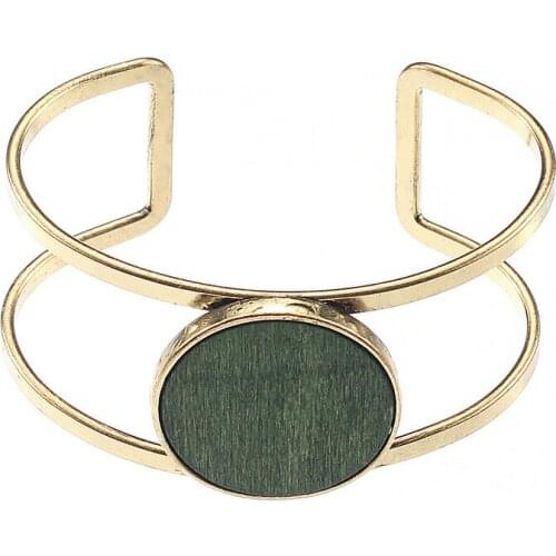 Wooden Plate Inlaid Alloy Opening Bangles Geometric Design Round Hollow Widened Bangles for Women Hot Trendy Jewelry Girl Gift