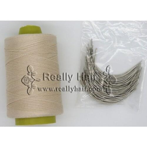 Free shipping 50pcs Large type C hair weaving needles curved needles with 1 roll Blonde thread Cotton weaving thread