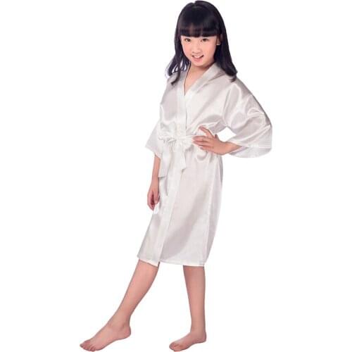 New white silk kimono girls stain robes wedding party bridesmaid childrens bathrobes nightgown solid kids sleepwear Xmas pajama