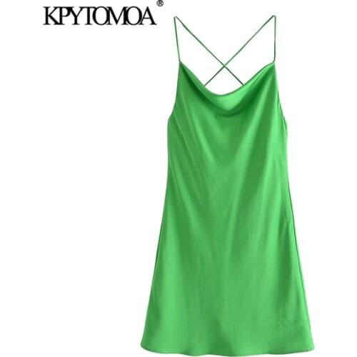 KPYTOMOA Women 2021 Fashion With Lining Soft Touch Green Mini Dress Vintage Backless Cross Thin Straps Female Dresses Vestidos