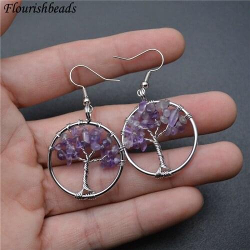 Colorful Natural Stone Chips Chakra Life Tree Round Circle Drop Earrings Fashion Woman Jewelry Gift