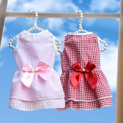Summer Soft Plaid Dog Dress with Bow Cat Princess Skirt Puppy Kitten Clothes Pet Dog Wedding Dress for Small Medium Dogs Girl
