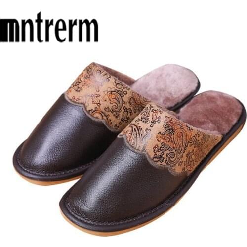 Mntrerm 2021 Women Winter Slippers Fashion Warm Cowhide Natural Fur Slippers Men Home Shoes Plus Size Indoor House Shoes