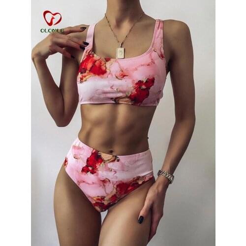2021 New Print Sport Bandeau Push up Bikinis Sexy Marble Women Swimsuit High Waist Swimwear Women bathing suit Beach wear