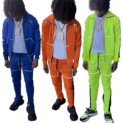 2021 new design custom private label nylon reflective stripe 2 piece sets zipper jogging tracksuit for men