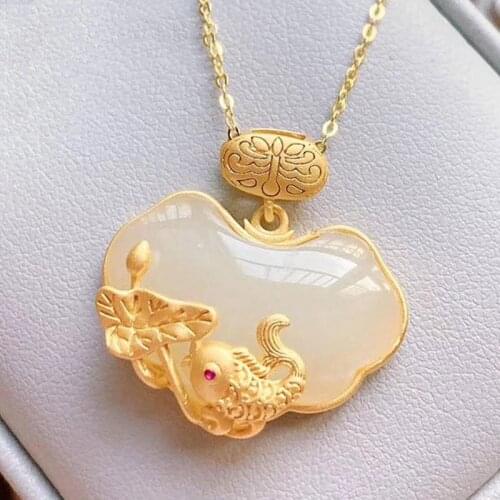 Natural Hetian Jade Carp Lotus Pendant Female Vintage Accessories Year Fish Hetian Jade S925 Silver Necklace Female