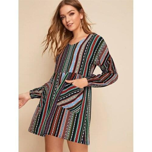 Neatie kiddie Indie Folk Fashion Casual Print Loose Dress Long Sleeve O-neck Poackets Vintage A-line Mini Vestidos