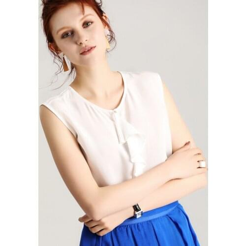 Summer Pure Silk Ruffles Top 100% Mulberry Silk Women Loose Sleeveless Tank T-shirt M L XL FREE SHIPPING