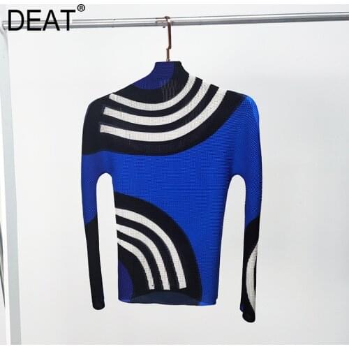DEAT Pleated Womens T-shirt Half Turtleneck Long Sleeve Over Size Geometric Pattern Loose Causal 2021 New Autumn Fashion HT435