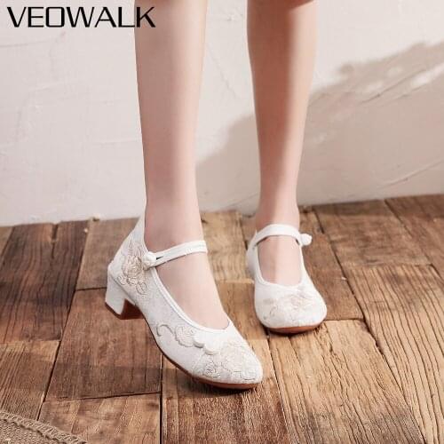 Veowalk Soft Jacquard Cotton Women Embroidered Block Heel Shoes Vintage Elegant Ladies Comfortable Chinese Style Casual Pumps