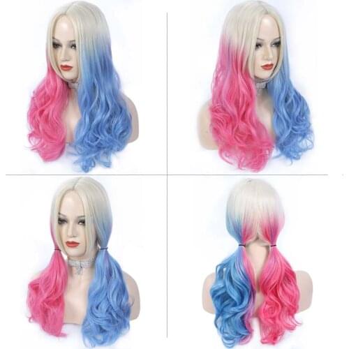 Long Wave ColorGround Blonde with Blue and Pink Pigtails Wig Middle Length Culry Ponytails Cosplay Wig for Women