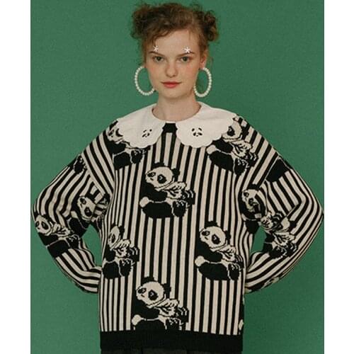 Spring Winter High Quality Original Design Women Striped Sweater Chinese Pandas Femme Loose Thick Pullover Knitted Jumpers