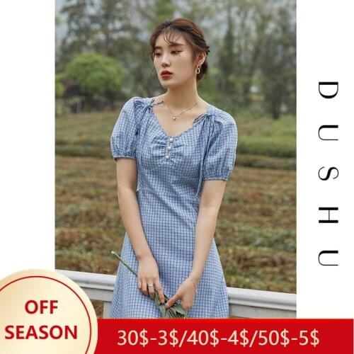 DUSHU Office Lady Women Refreshing Bandage Blue Dress 2021 Summer Plaid Print French Long V-neck Puff Sleeve Dress