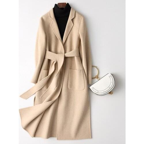 Women Wool Coat Autumn Winter Causal Adjustable Waist Belt Long Sleeve Female Double Side Woolen Coat Long Overcoat Outwear R819