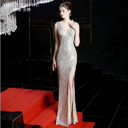 Evening Gown For Women Sequined Vneck Rear Zipper Mermaid Party Dress Royal Backless Floor-Length Prom Vestido Female Plus Size