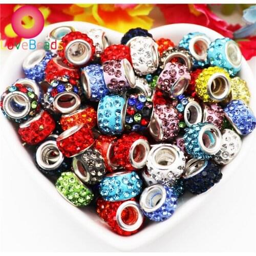 20Pcs Polymer Clay Crystal Rhinestone European Beads Metal Core Fit Pandora Charms Bracelet Jewelry 5mm Large Hole Spacer Beads