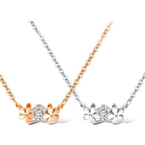 Stainless Steel Rose Gold Flower Cubic Zirconia Stone Pendant Necklace Delicate Women Fashion Chain Link Necklaces Gift For Him