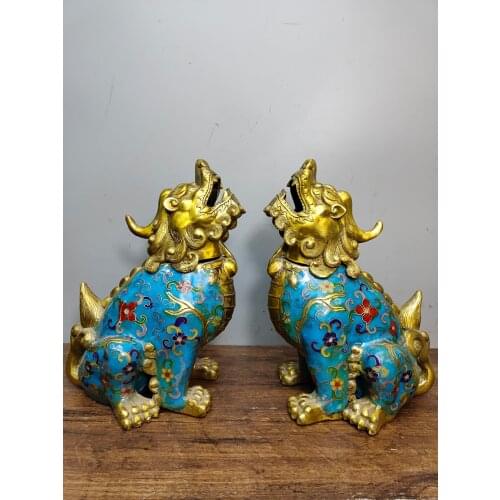 Home Decor 9" Tibet Buddhism Old Bronze Cloisonne Gilt Wangtianhou Living lion incense burner A pair unicorn Town House Exorcism