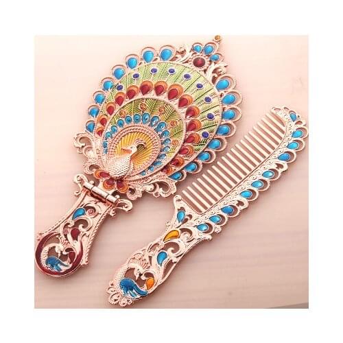 Elegant Rose Gold Plating Peacock Design Green Red Blue Hand Painted and Jeweled Foldable Metal Alloy Hand Mirror and Comb Set