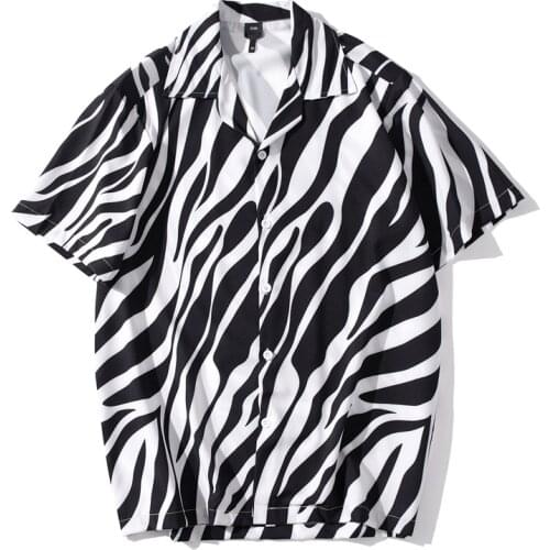 Harajuku Zebra Pattern Shirt Men Streetwear Korean Style Casual Short Sleeve Shirts for Men High Street Shirt Vintage Clothes